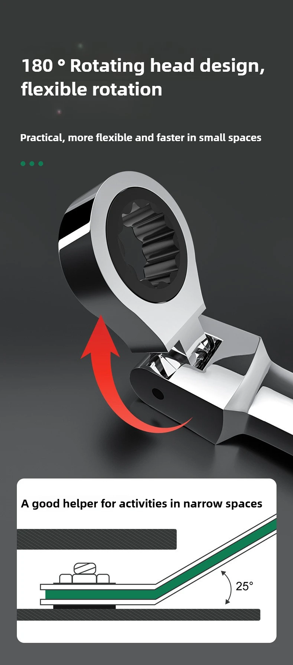 180° Flex-Head Ratchet Wrench | 72-Tooth CR-V Steel Gear | Professional Metric Combination Spanner 24