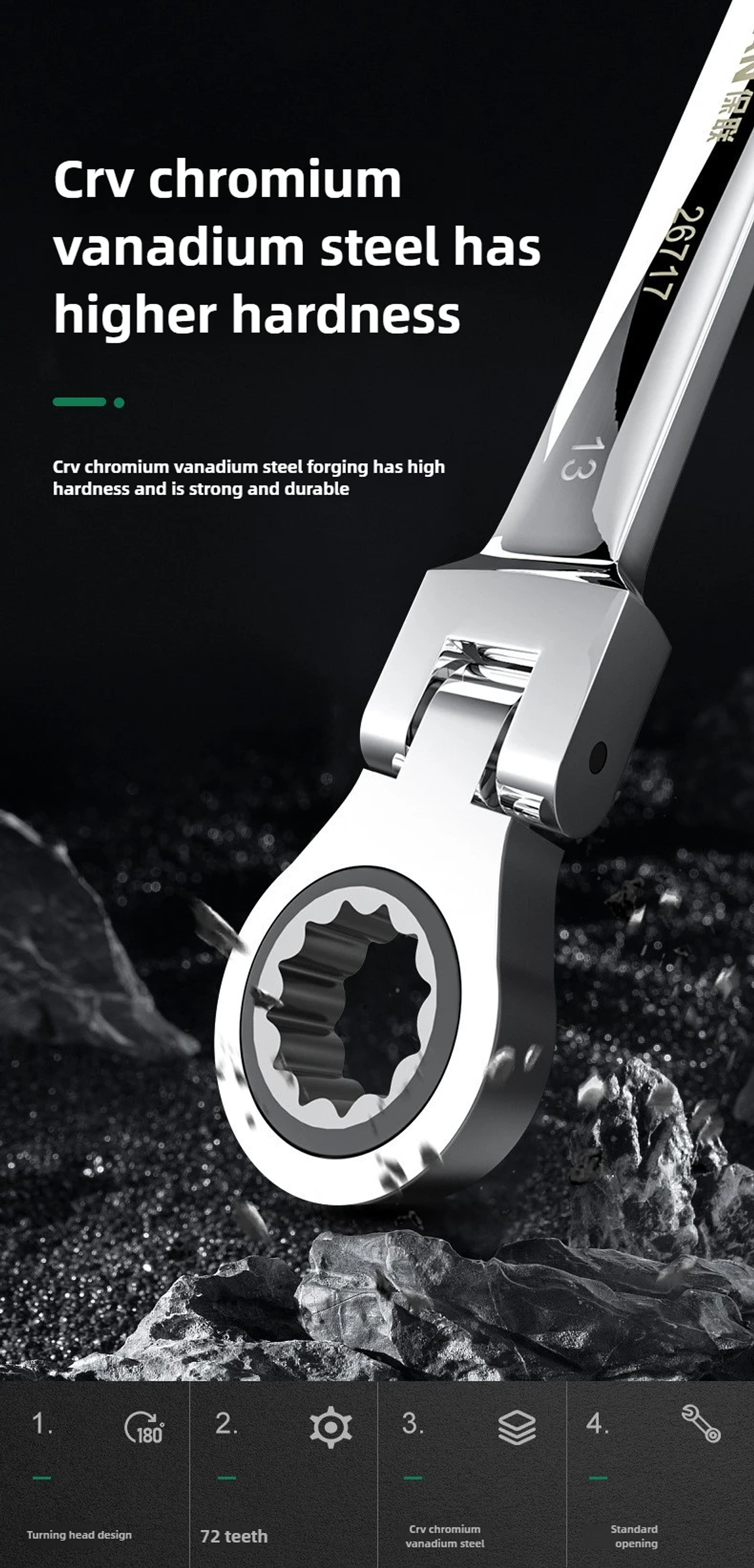 180° Flex-Head Ratchet Wrench | 72-Tooth CR-V Steel Gear | Professional Metric Combination Spanner 26