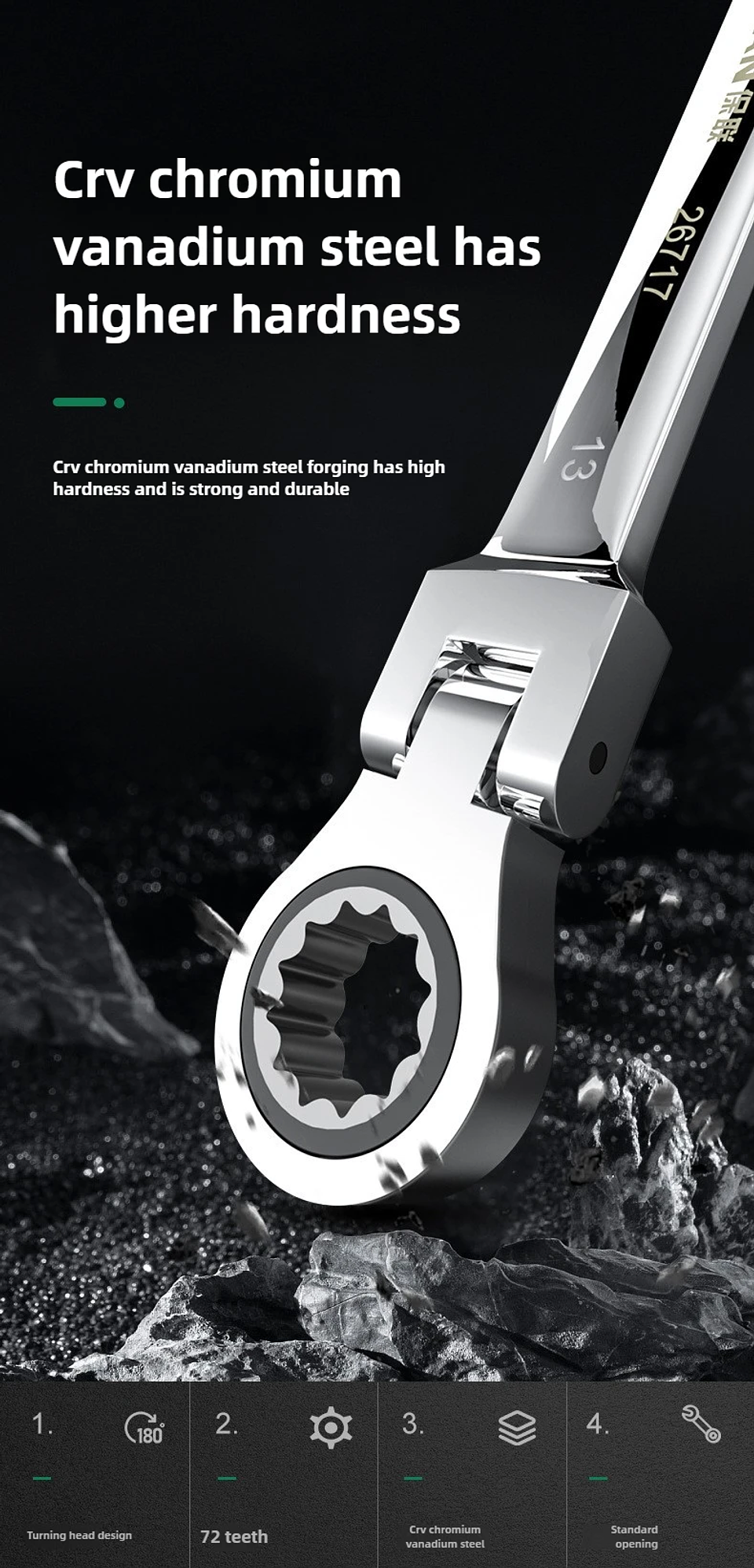 180° Flex-Head Ratchet Wrench | 72-Tooth CR-V Steel Gear | Professional Metric Combination Spanner 26