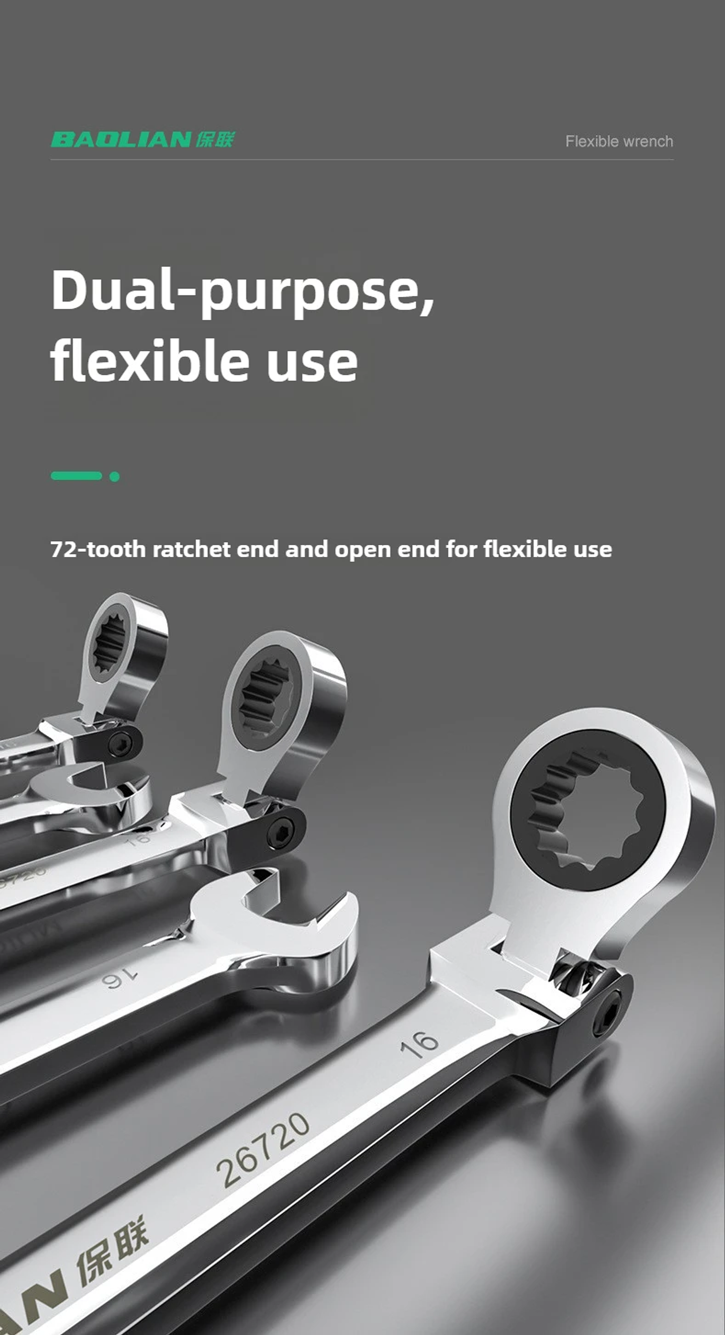 180° Flex-Head Ratchet Wrench | 72-Tooth CR-V Steel Gear | Professional Metric Combination Spanner 28