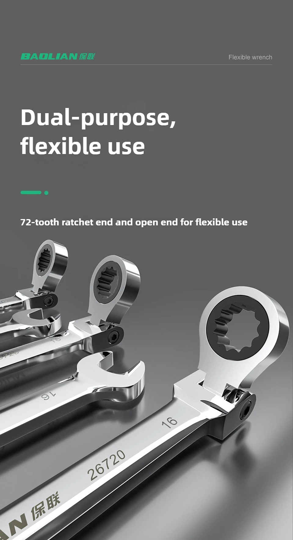 180° Flex-Head Ratchet Wrench | 72-Tooth CR-V Steel Gear | Professional Metric Combination Spanner 28