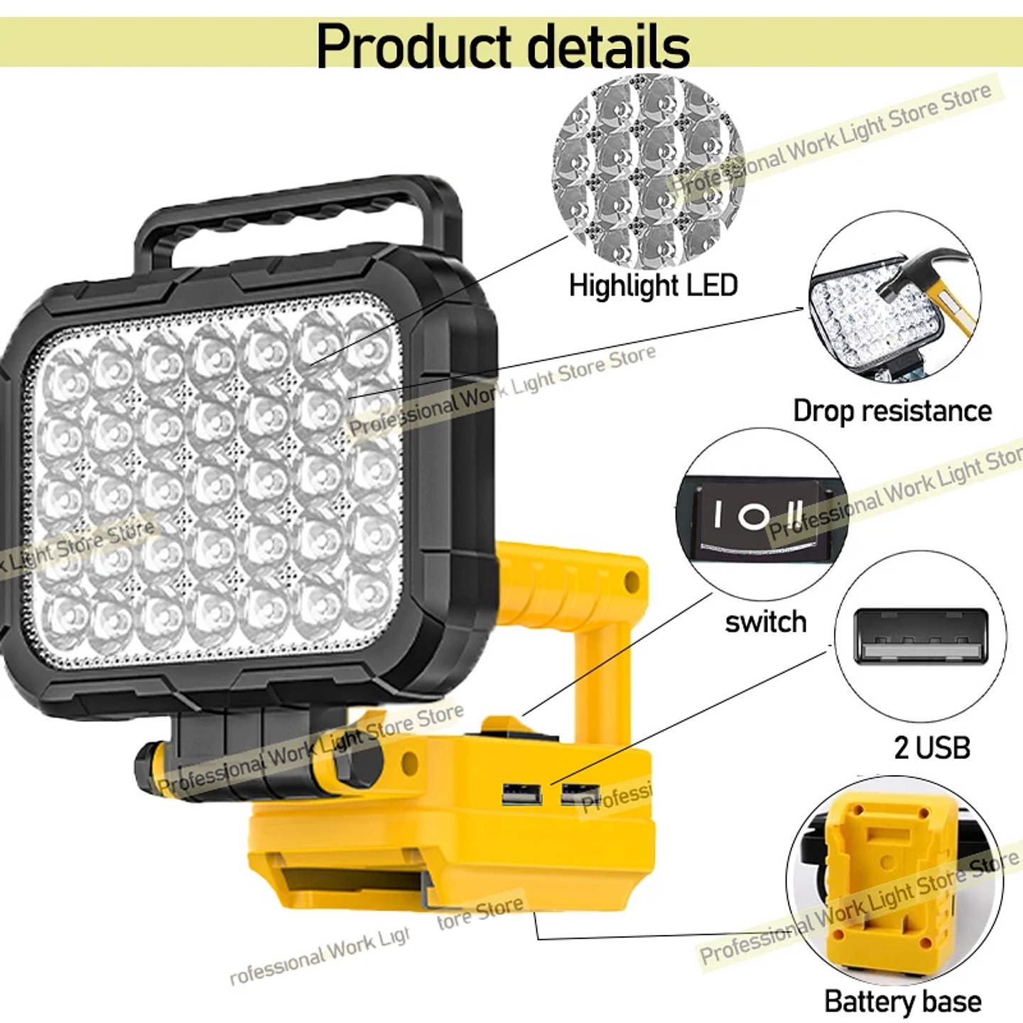 Cordless LED Work Light for Makita, DeWalt & Milwaukee 18V 6