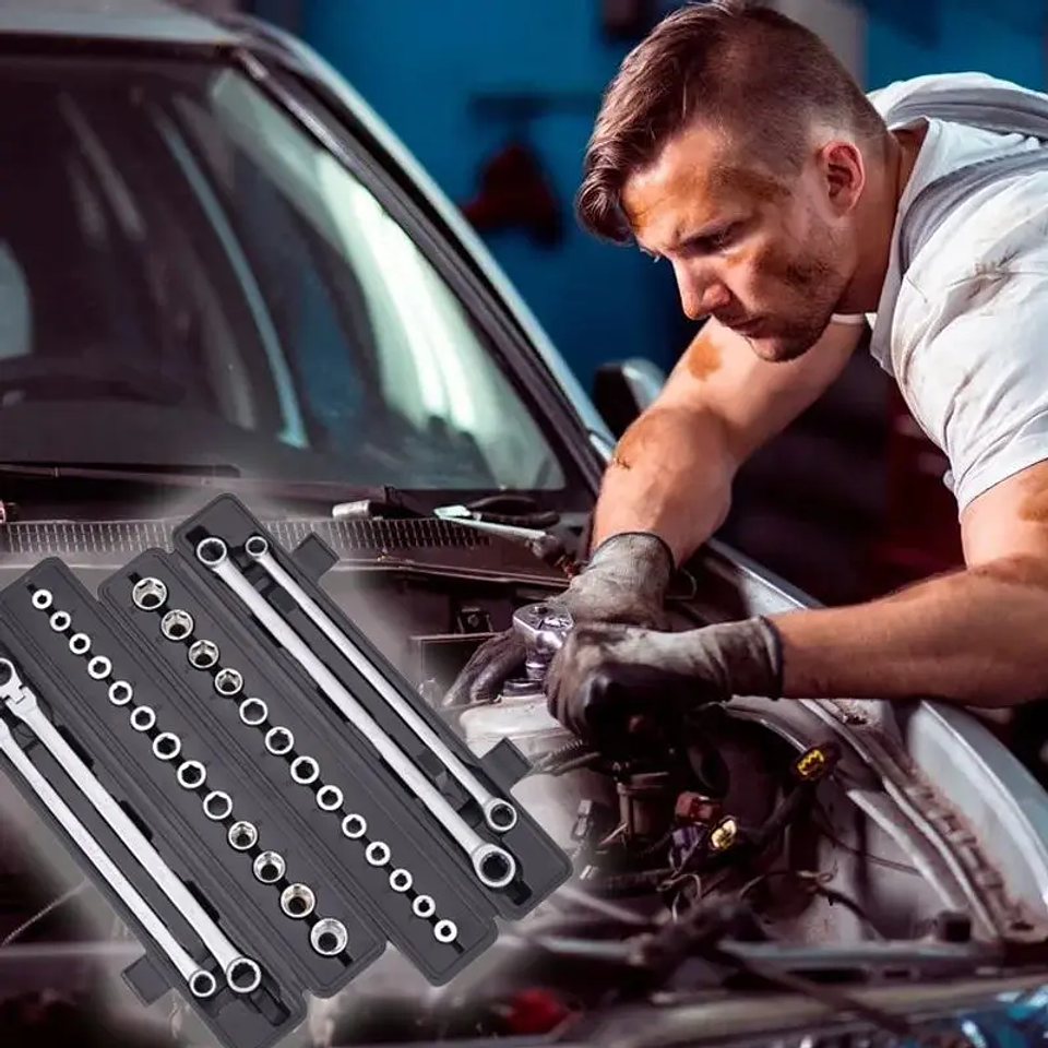 15-Piece Extra Long Flex-Head Ratchet Wrench Set | Adjustable Cr-V Spanner Kit 9