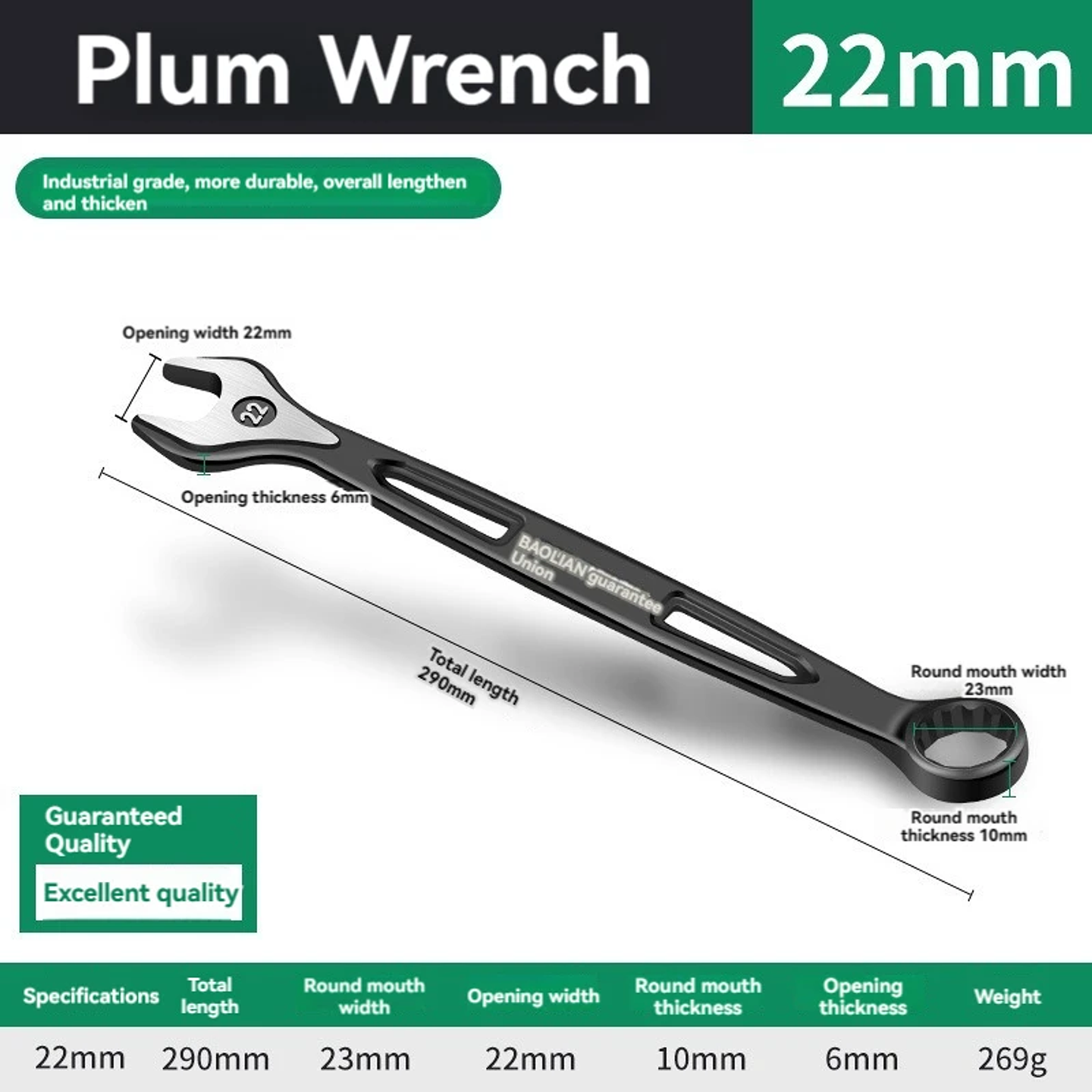 Industrial Combination Wrench | Cr-V Open-End & 12-Point Plum Spanner 10