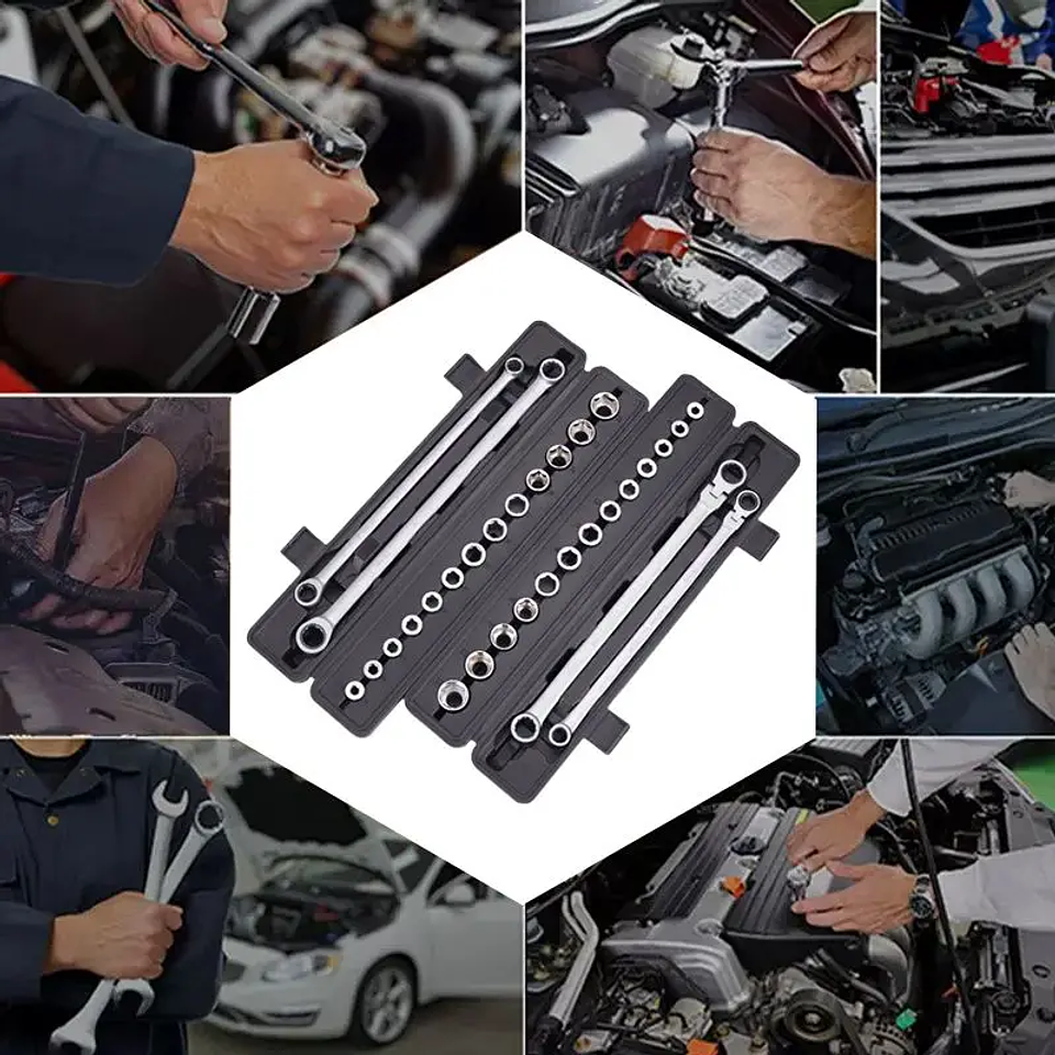 15-Piece Extra Long Flex-Head Ratchet Wrench Set | Adjustable Cr-V Spanner Kit 11