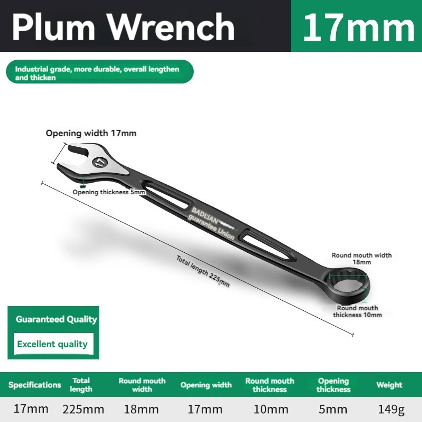 Industrial Combination Wrench | Cr-V Open-End & 12-Point Plum Spanner 14