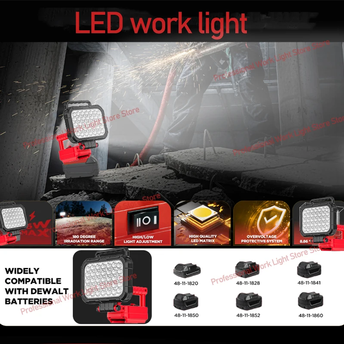 Cordless LED Work Light for Makita, DeWalt & Milwaukee 18V 25