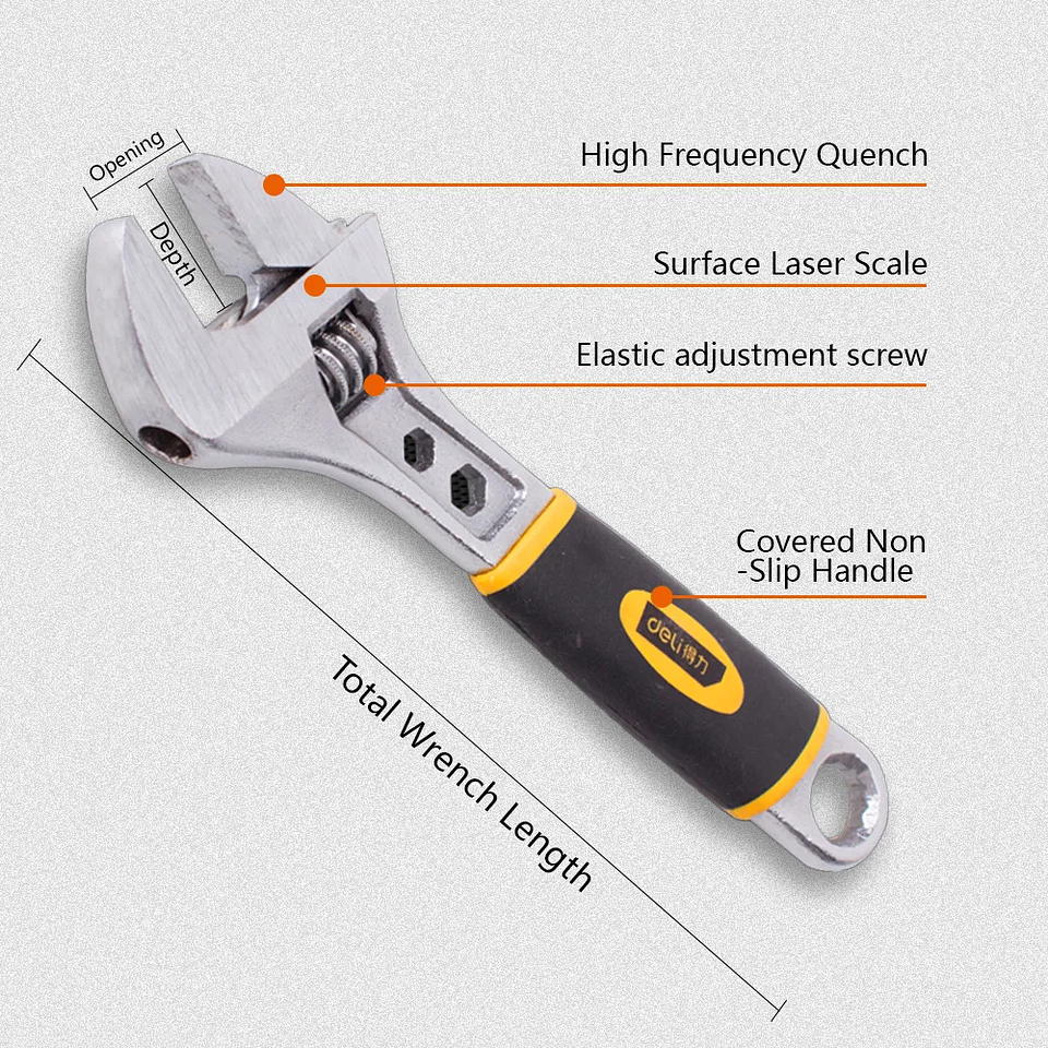 Deli Professional Adjustable Spanner | High-Torque Carbon Steel Wrench with Corrosion-Resistant Black Oxide Finish 3