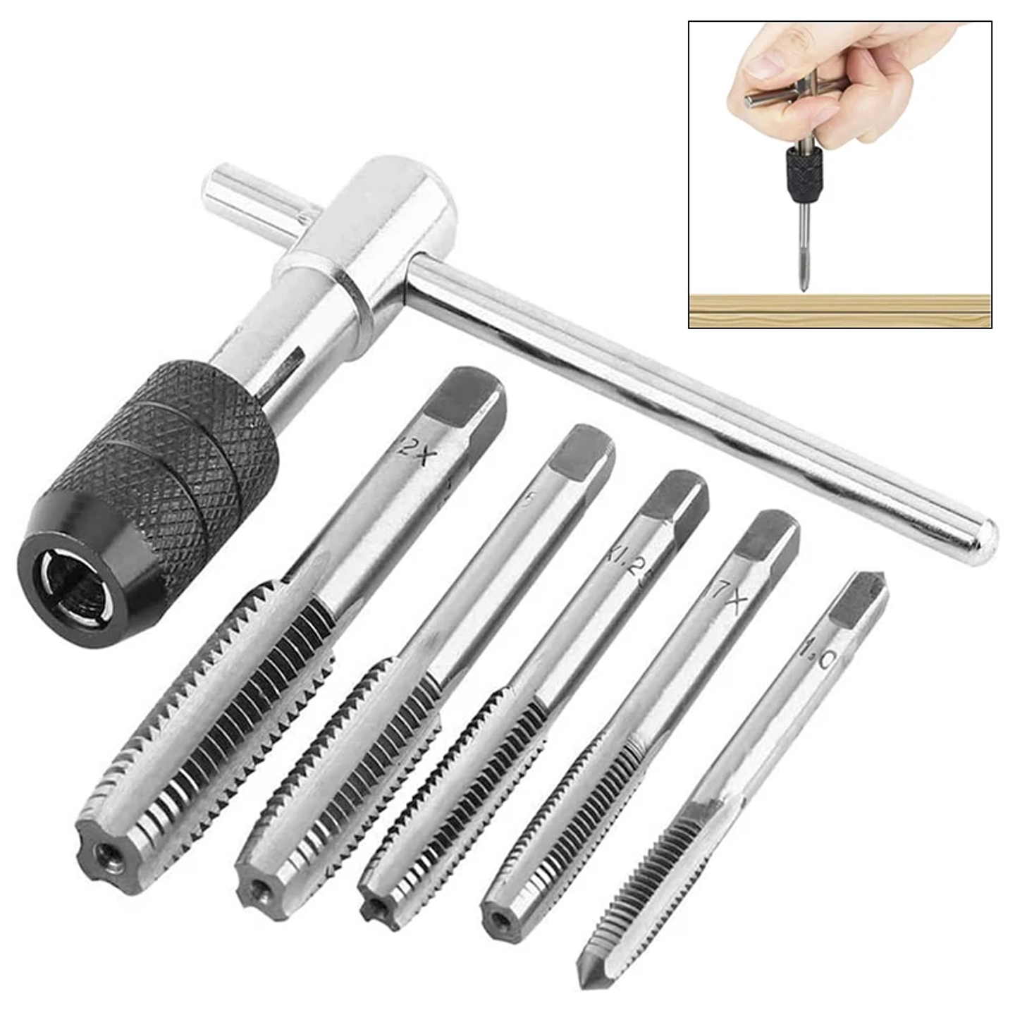 BSIDE 6-Piece T-Handle Tap Wrench & Metric Tap Set | M3–M8 HSS Threading Tool Kit 1