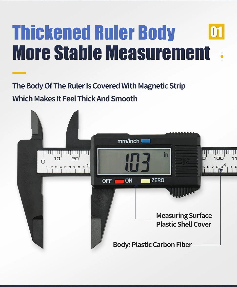 Digital LCD Electronic Caliper | Carbon Fiber Composite Micrometer & Ruler 18