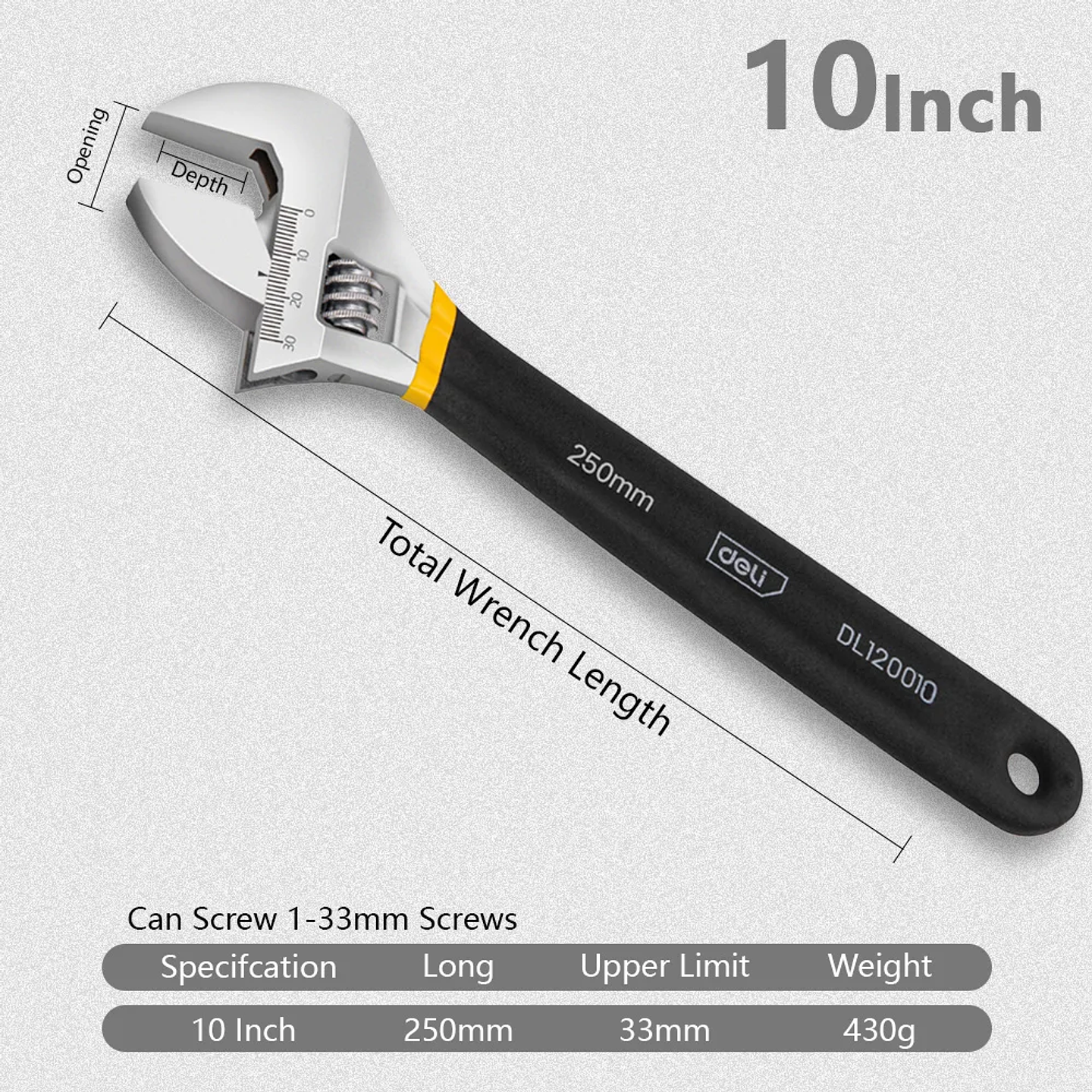 Deli Professional Adjustable Spanner | High-Torque Carbon Steel Wrench with Corrosion-Resistant Black Oxide Finish 9