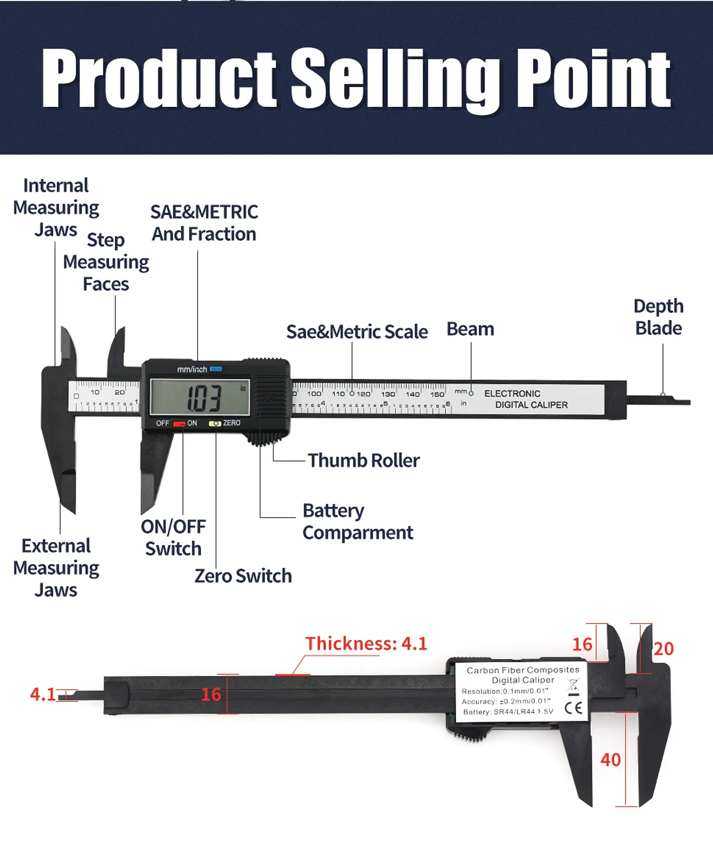 Digital LCD Electronic Caliper | Carbon Fiber Composite Micrometer & Ruler 22