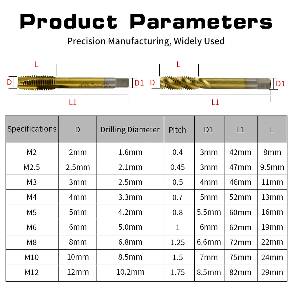 Titanium-Coated Spiral Tap | HSS Metric Machine Taps for Alloy Steel & Aluminum (M2–M12) 6