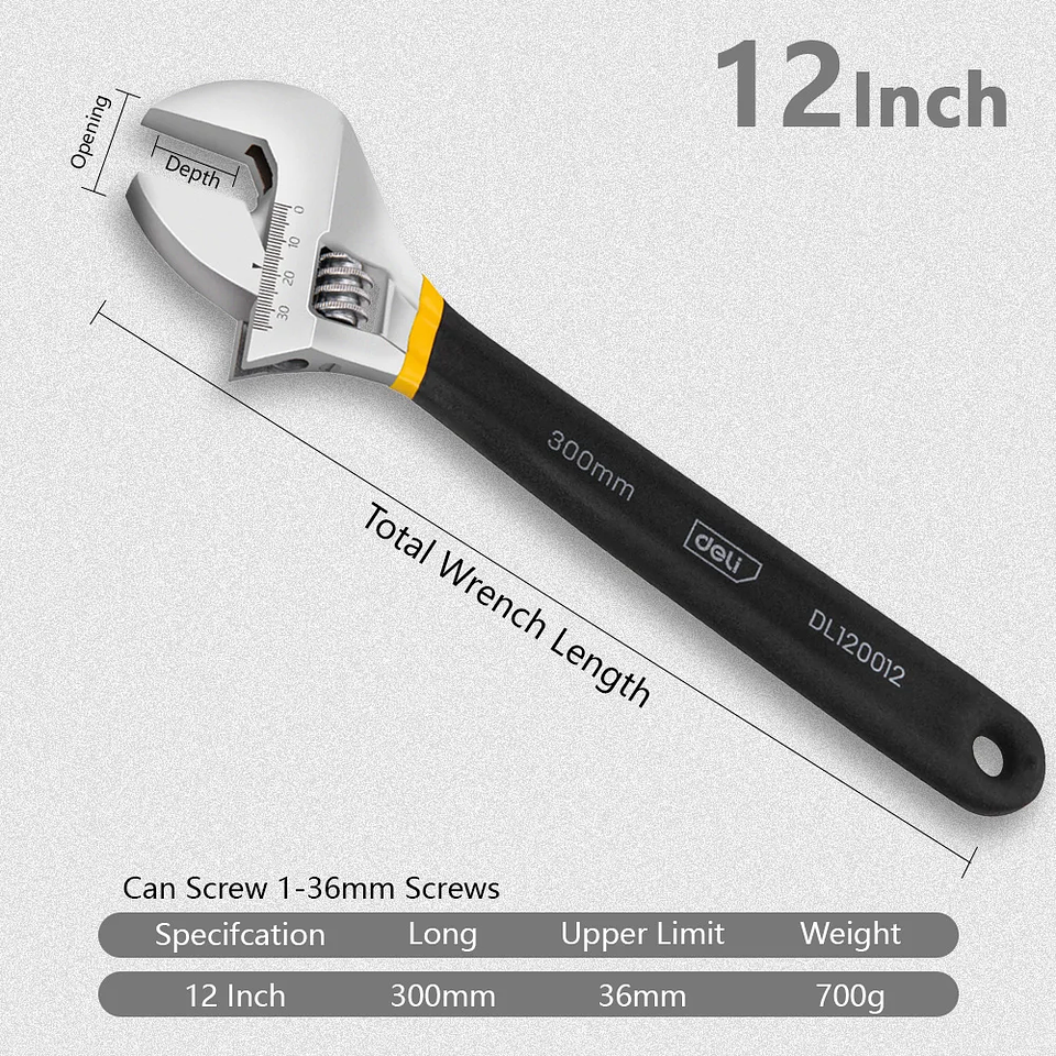 Deli Professional Adjustable Spanner | High-Torque Carbon Steel Wrench with Corrosion-Resistant Black Oxide Finish 10