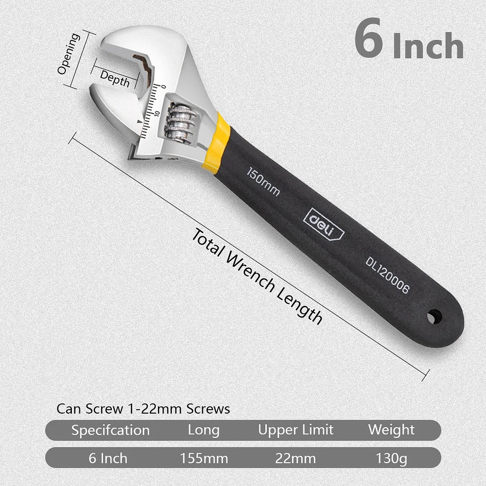 Deli Professional Adjustable Spanner | High-Torque Carbon Steel Wrench with Corrosion-Resistant Black Oxide Finish 11