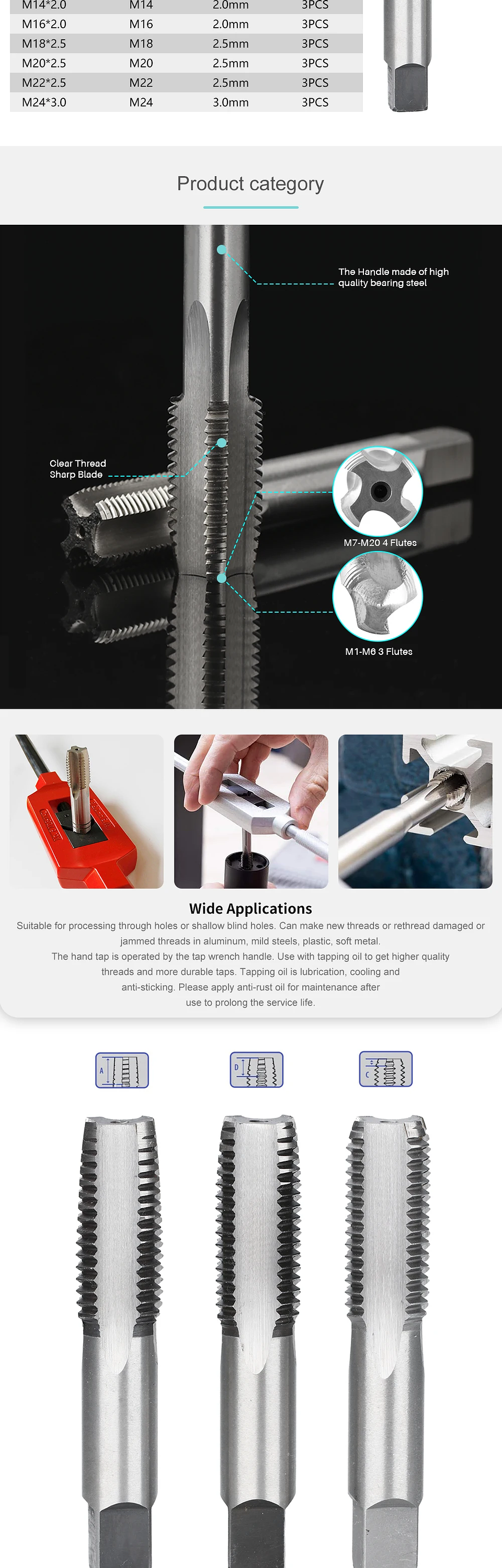 3-Piece Metric Hand Tap Set | High-Hardness Alloy Steel Threading Tool 26