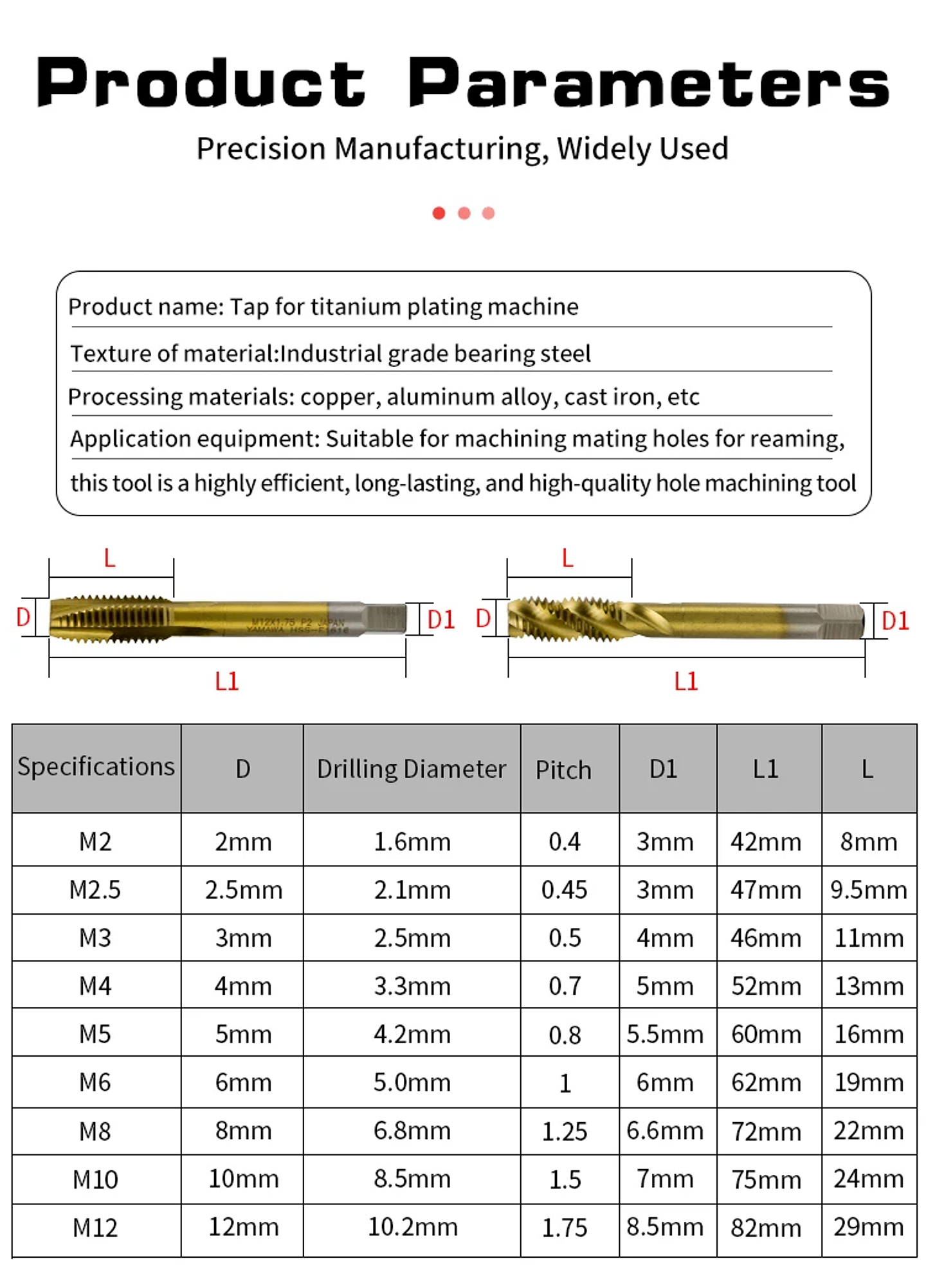 Titanium-Coated Spiral Tap | HSS Metric Machine Taps for Alloy Steel & Aluminum (M2–M12) 15