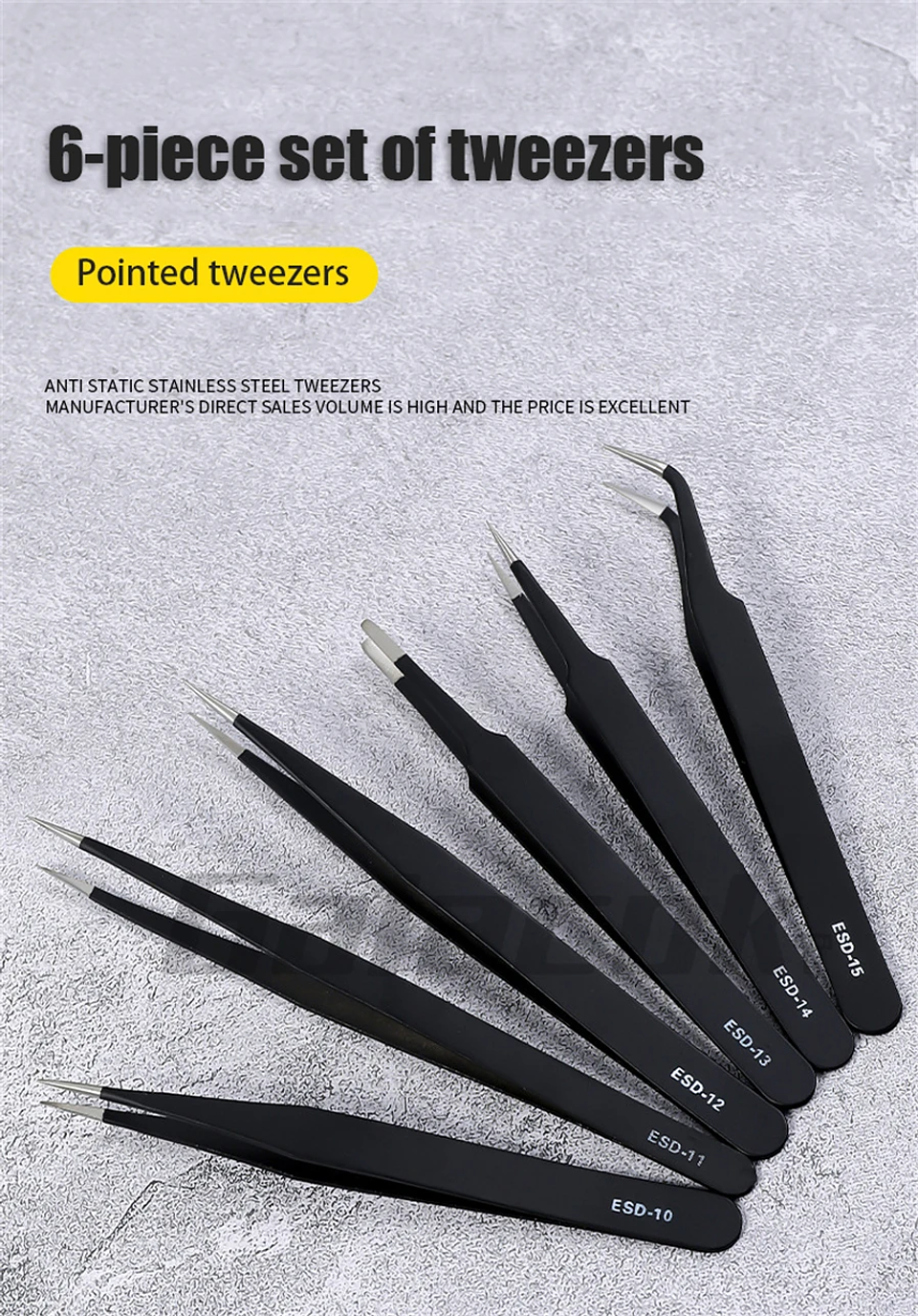 Antistatic Stainless Steel Tweezers 6 PCS Precision Maintenance Industrial Repair Curved Tool Home Work Model Making Hand Tools 8