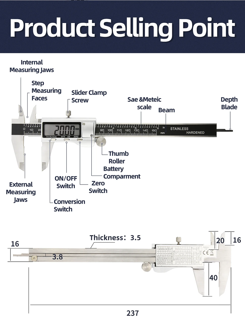 Precision 150mm Digital Caliper | Professional Stainless Steel Micrometer Gauge 33