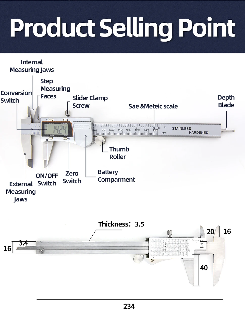 Precision 150mm Digital Caliper | Professional Stainless Steel Micrometer Gauge 35