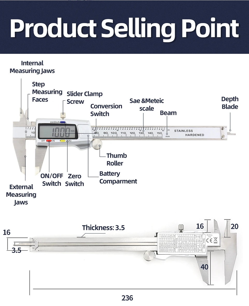 Precision 150mm Digital Caliper | Professional Stainless Steel Micrometer Gauge 41