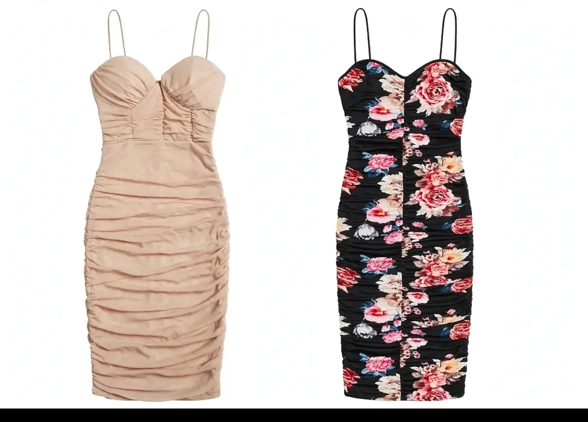 Vestido Bodycon fruncido Beige+flores Tiritas Finas Efecto Push-Up