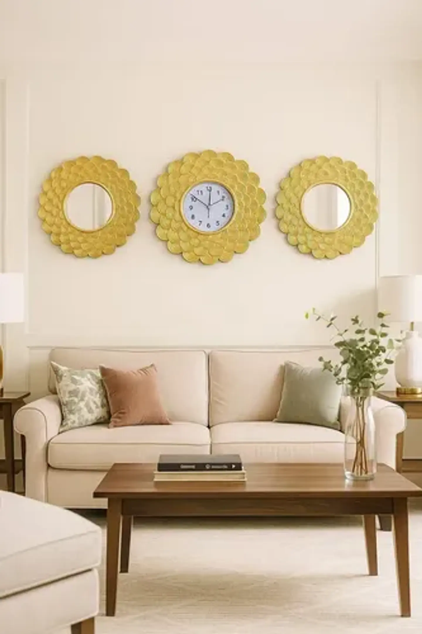 Set De Pared Elegante Con Reloj Y Espejos Dorados 2