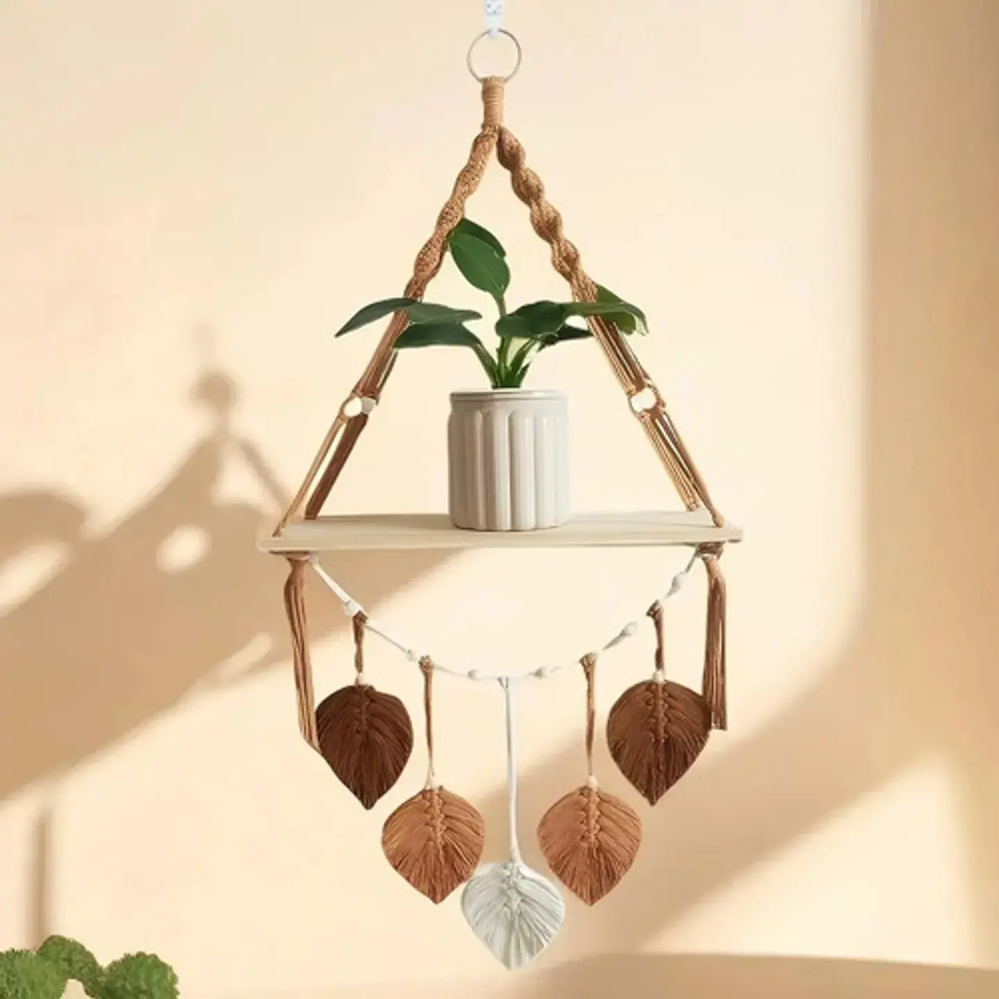 Porta Macetero Colgante Macramé Con Base Madera Decoración 3