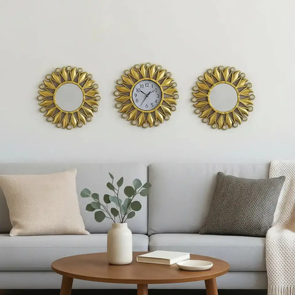 Set De Reloj + 2 Espejos Elegantes Dorado 1