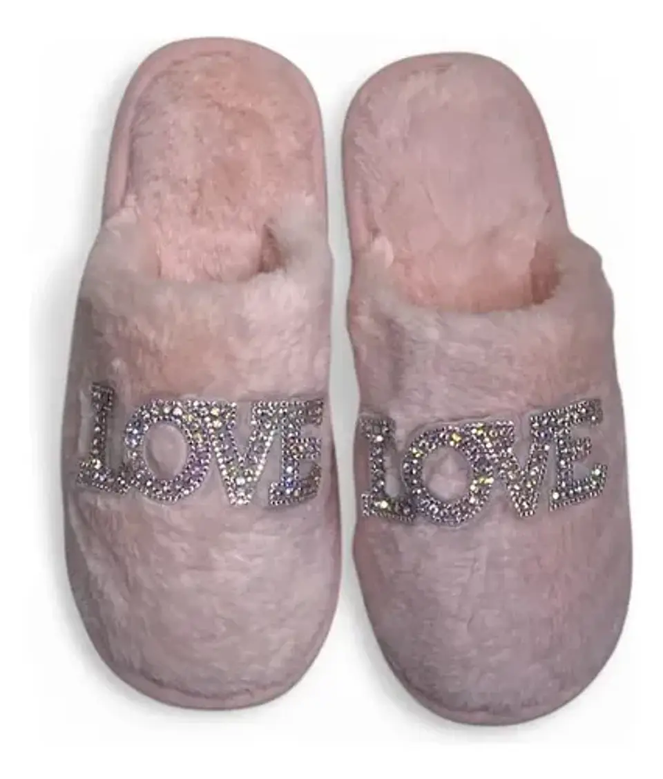 Pantuflas De Peluche Rosadas Mujer Diseño Love Brillos 8