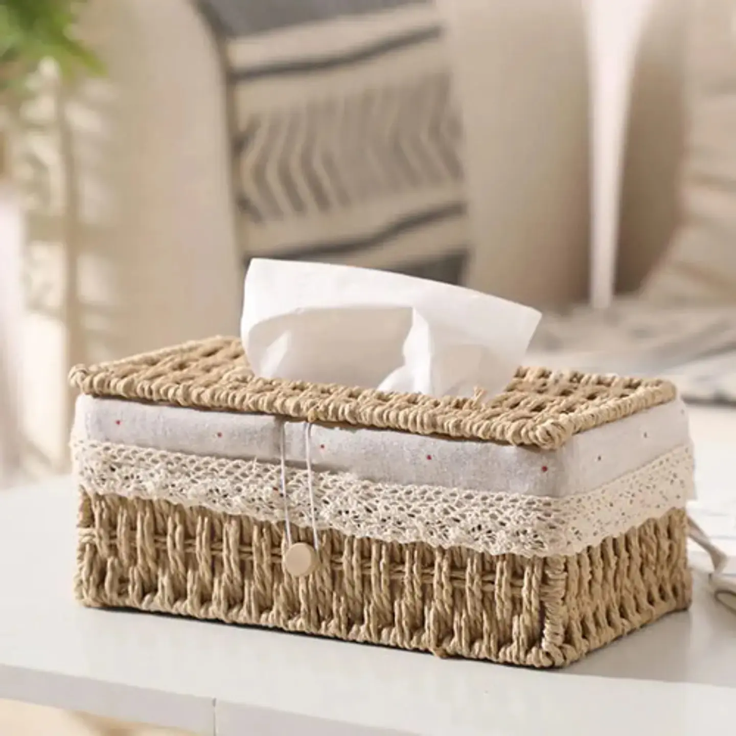 Canasto De Almacenamiento Con Tapa Tejida A Mano Decorativo 1