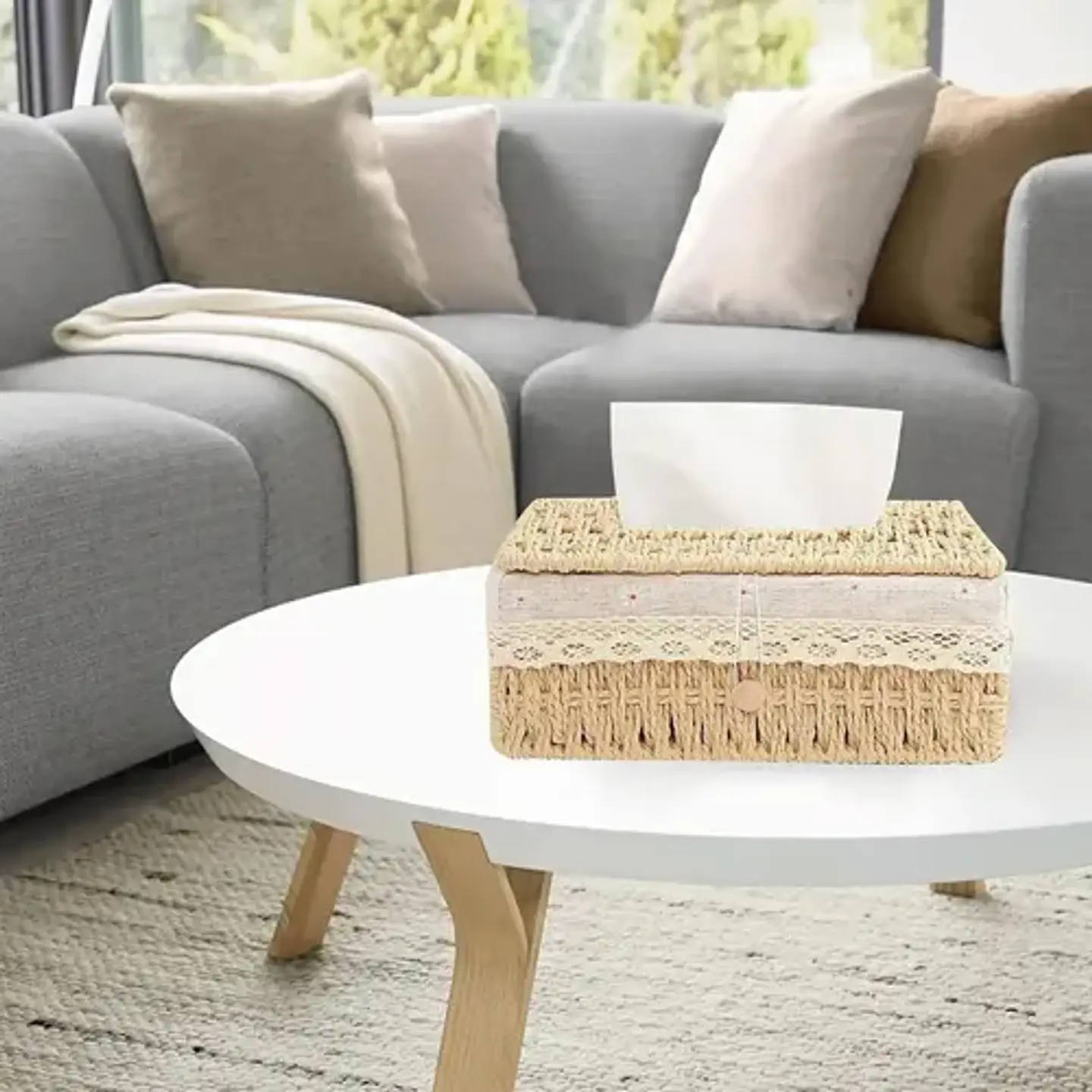 Canasto De Almacenamiento Con Tapa Tejida A Mano Decorativo 4