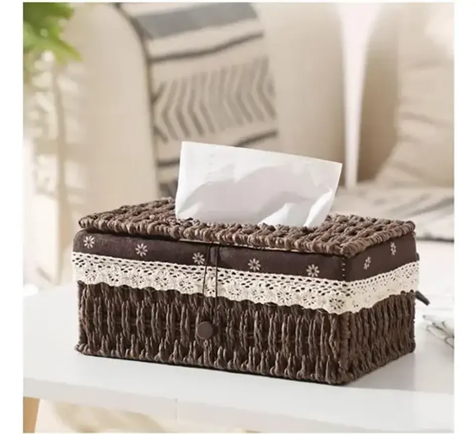Canasto De Almacenamiento Con Tapa Tejida A Mano Decorativo 4