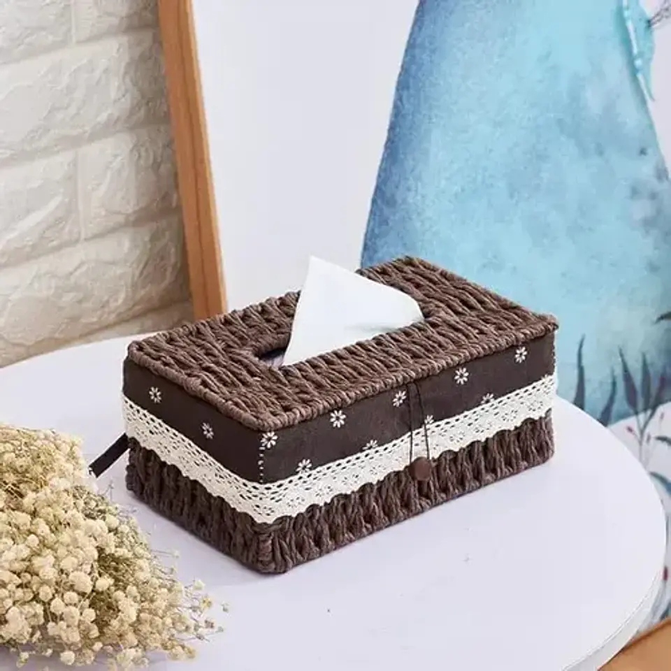 Canasto De Almacenamiento Con Tapa Tejida A Mano Decorativo 5