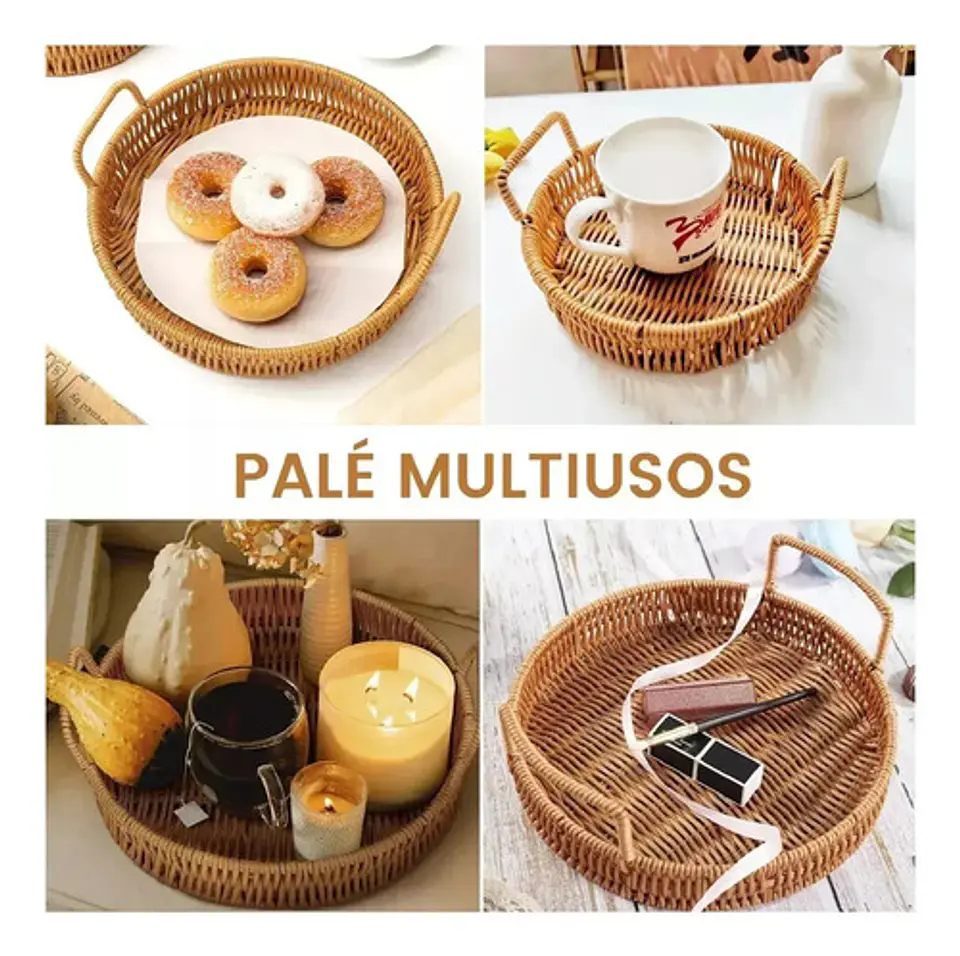 Bandeja Canasta Ratán Mimbre Redonda Cestas Pan Con Asa 3pzs 4