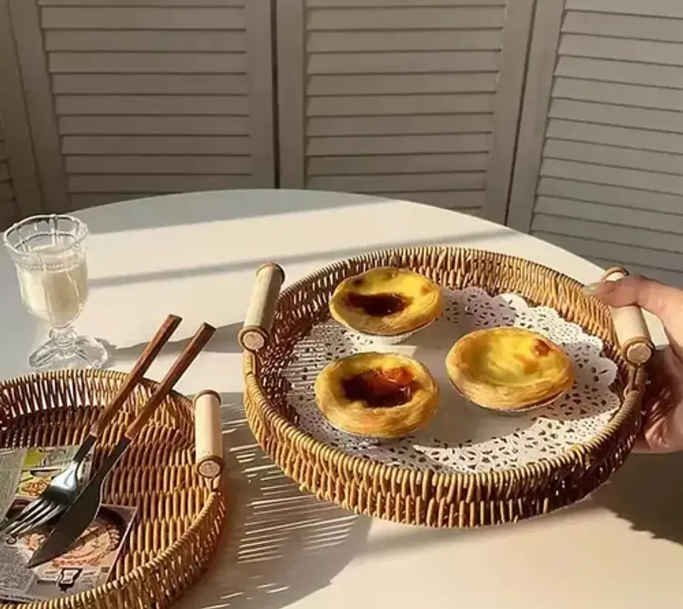 Bandeja Canasta Ratán Mimbre Redonda Cestas Pan Con Asa 3pzs 8