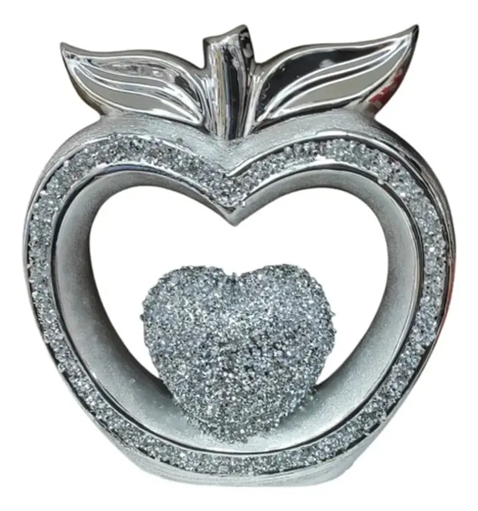 Adorno Decorativo Manzana Plateada Con Corazón Brillante 1