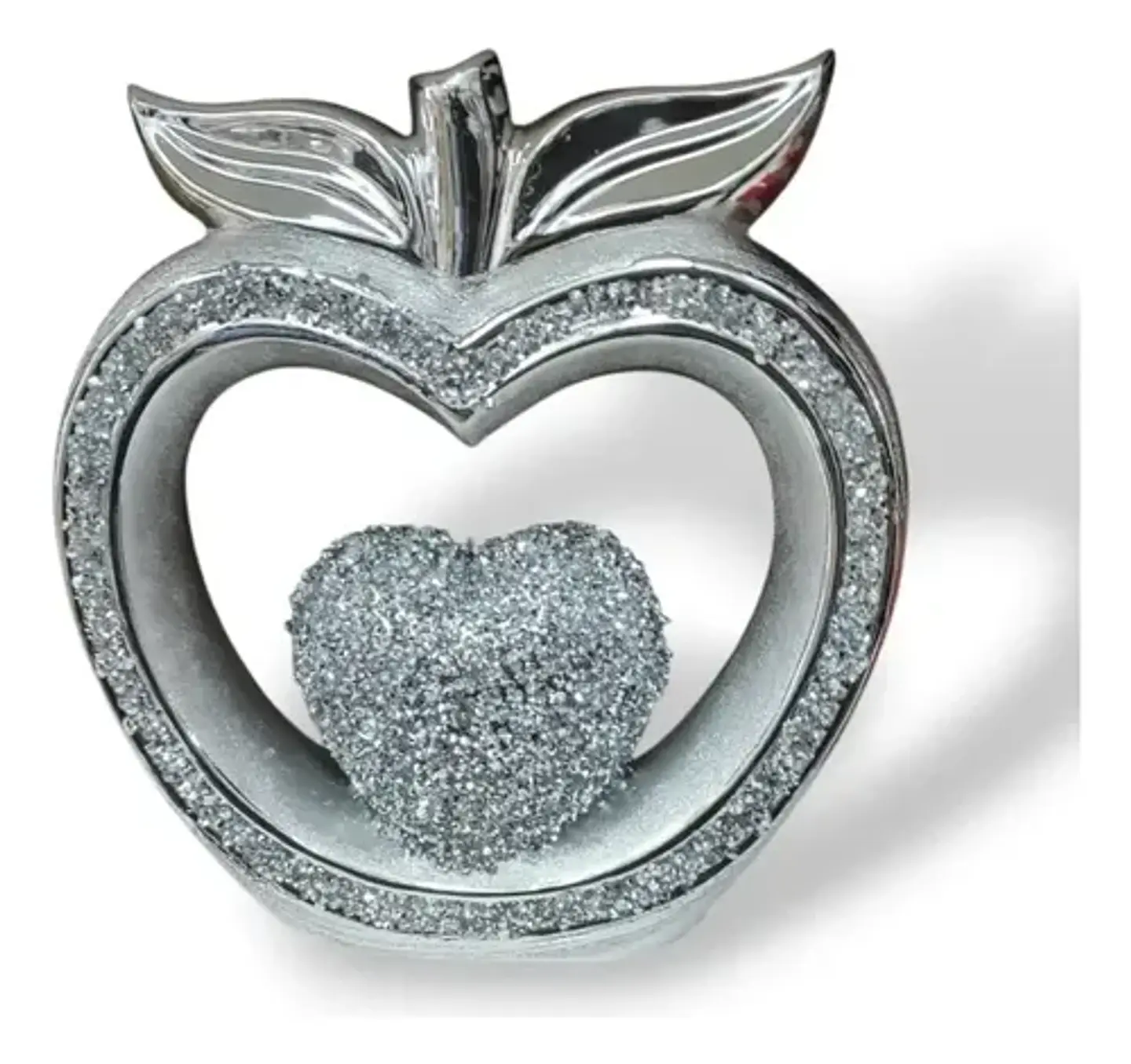 Adorno Decorativo Manzana Plateada Con Corazón Brillante 3
