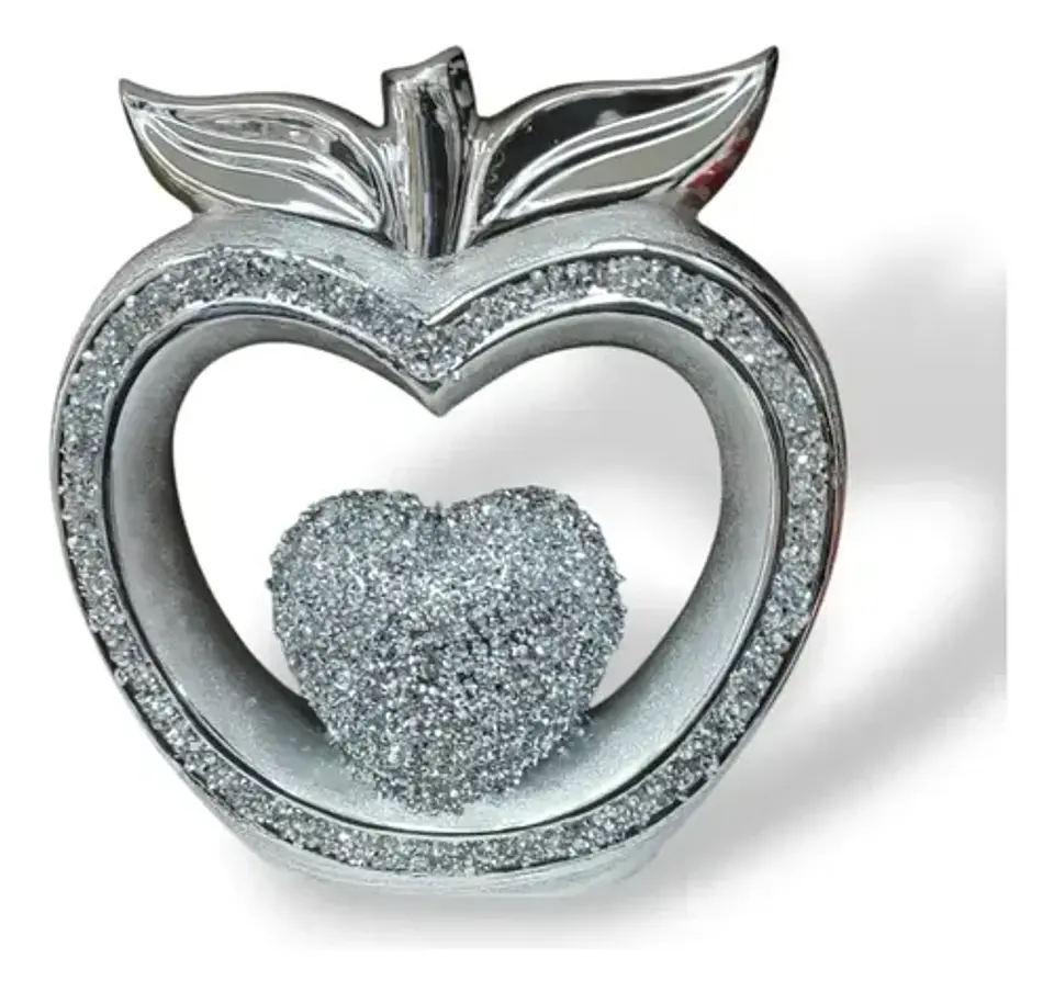 Adorno Decorativo Manzana Plateada Con Corazón Brillante 3