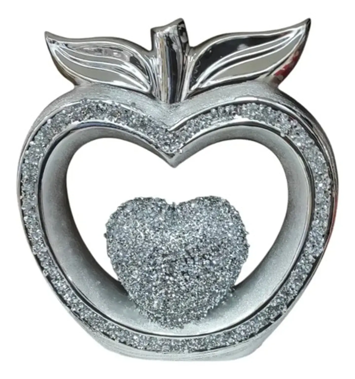 Adorno Decorativo Manzana Plateada Con Corazón Brillante 5