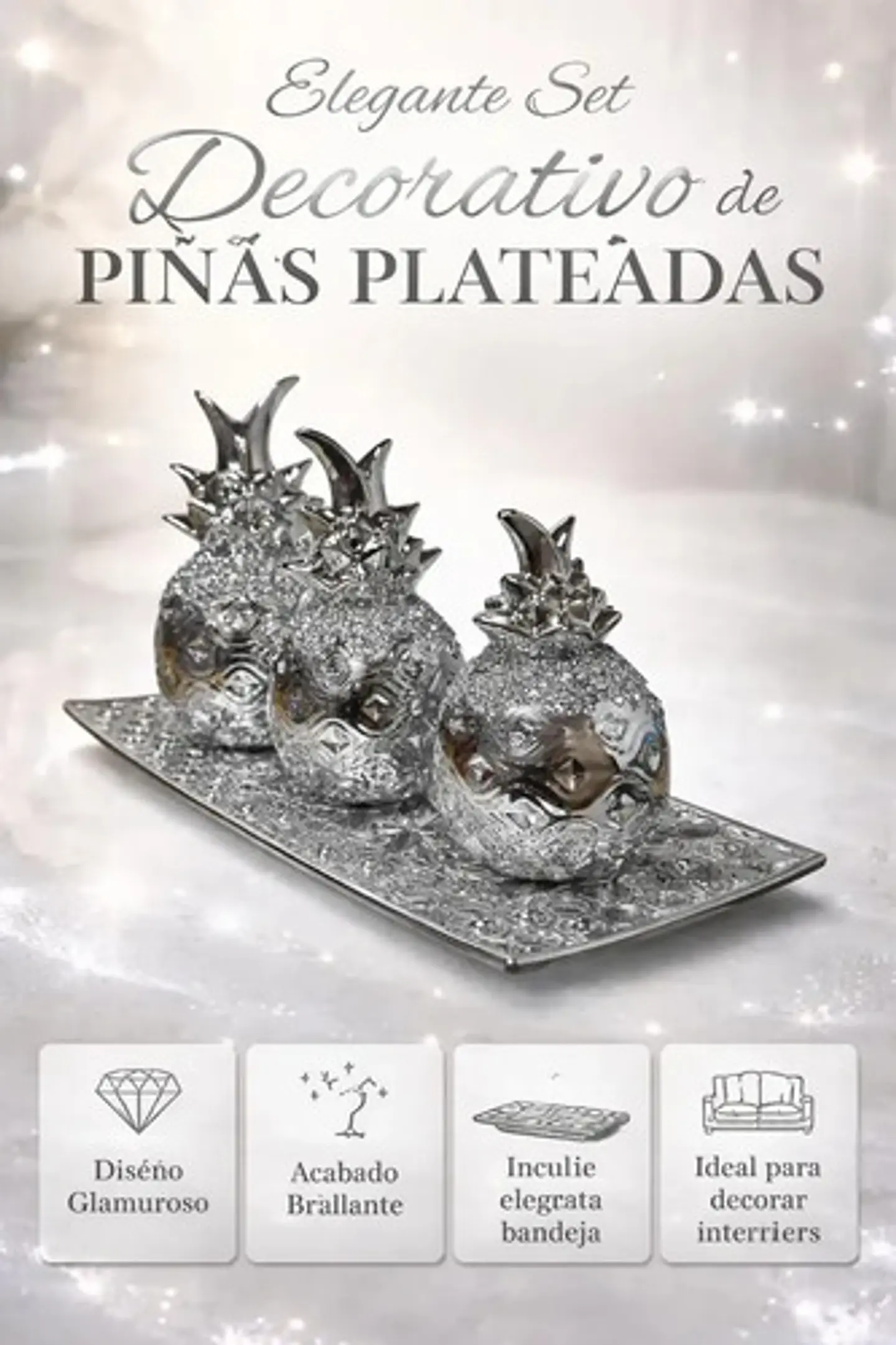 Set Decorativo De Piñas Plateadas Con Bandeja 2