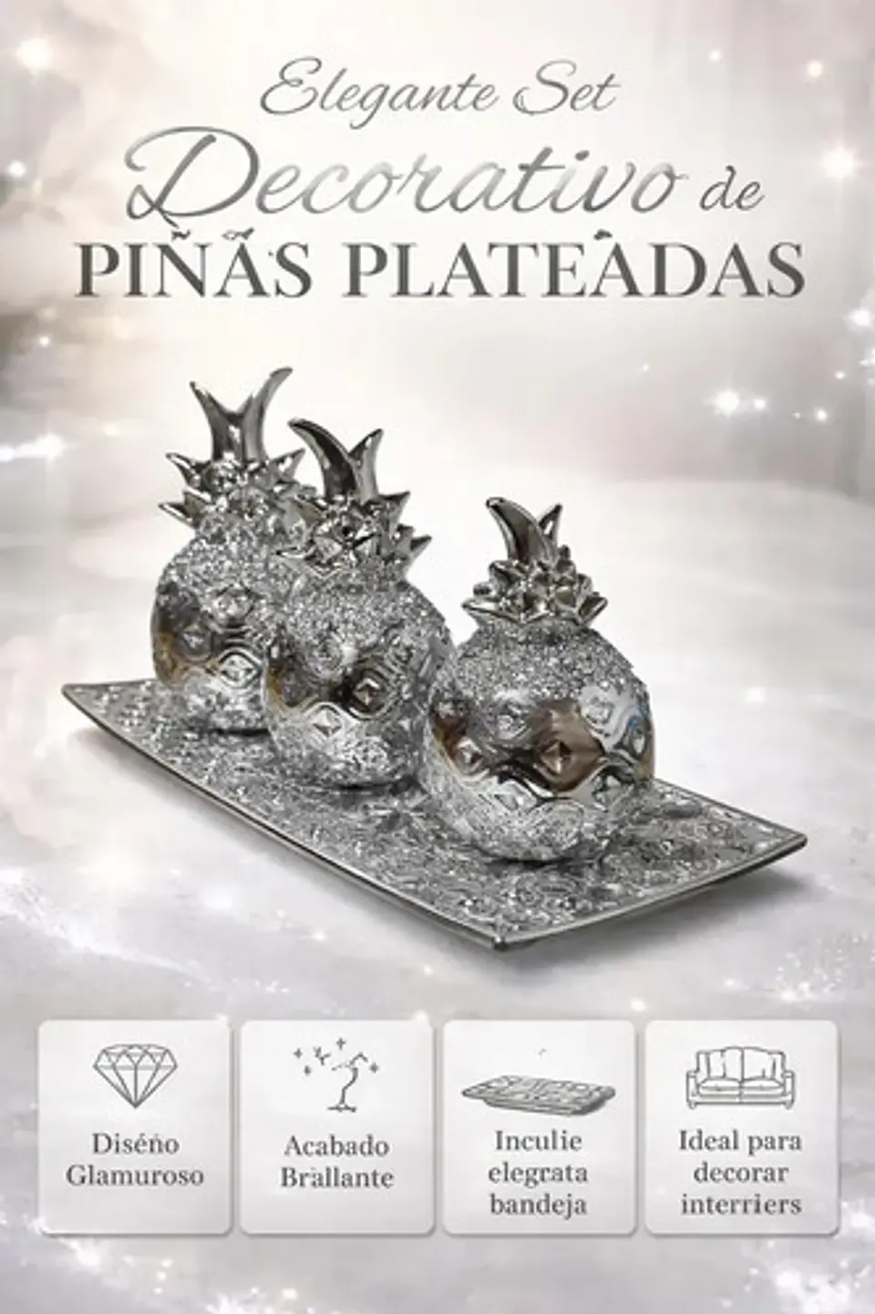 Set Decorativo De Piñas Plateadas Con Bandeja 2