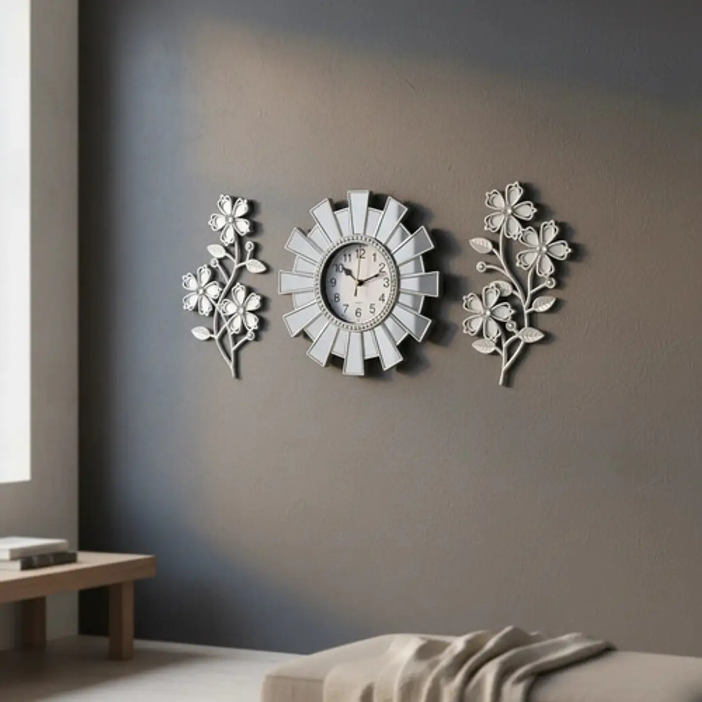 Set Decorativo De Reloj Con Flores Decorativas Plateado 1