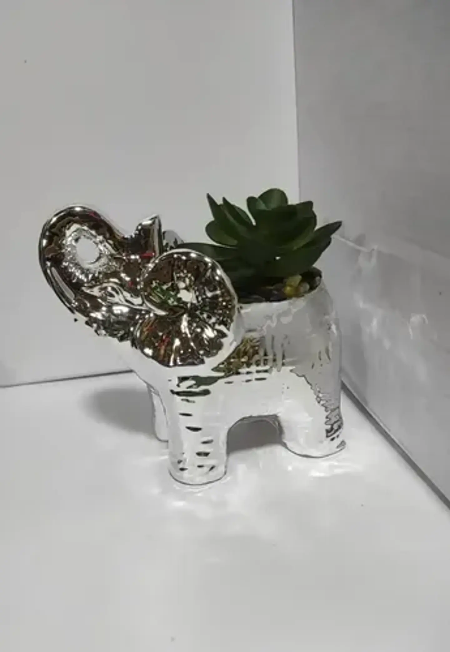 Adorno Decorativo  De Elefante Con Planta Plateado Mediano 2