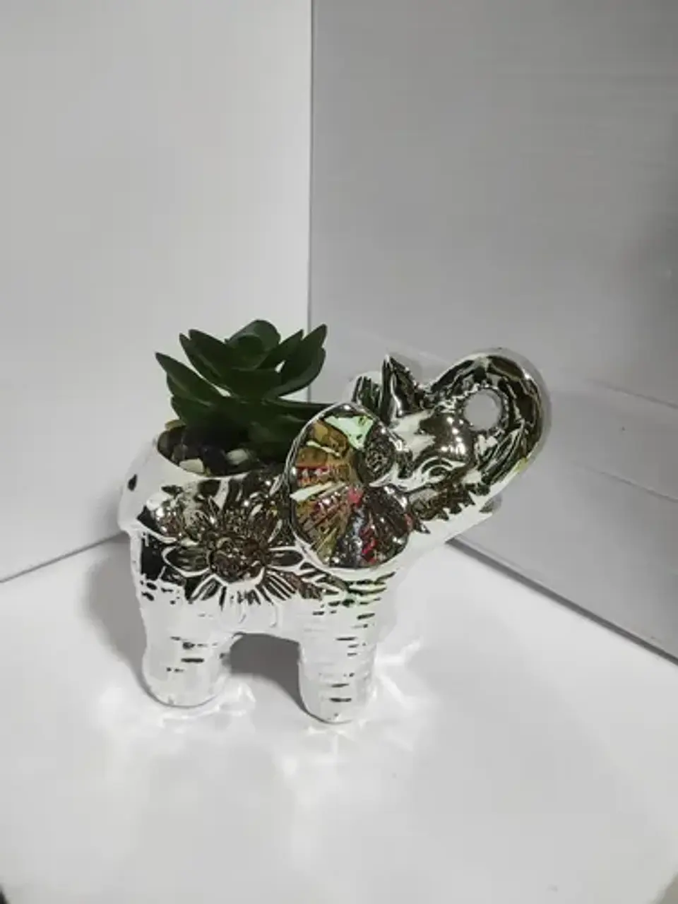 Adorno Decorativo  De Elefante Con Planta Plateado Mediano 3