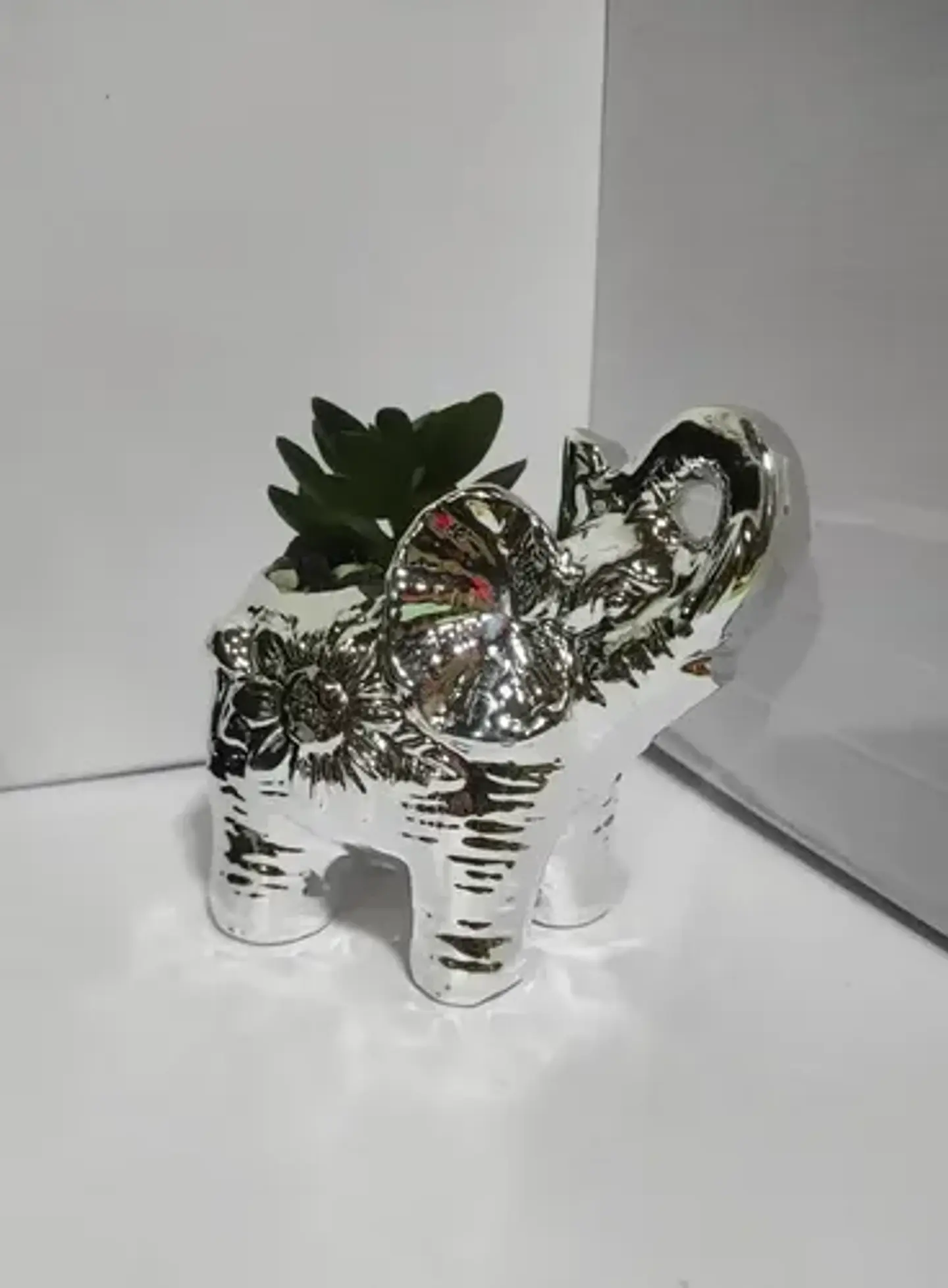 Adorno Decorativo  De Elefante Con Planta Plateado Mediano 4