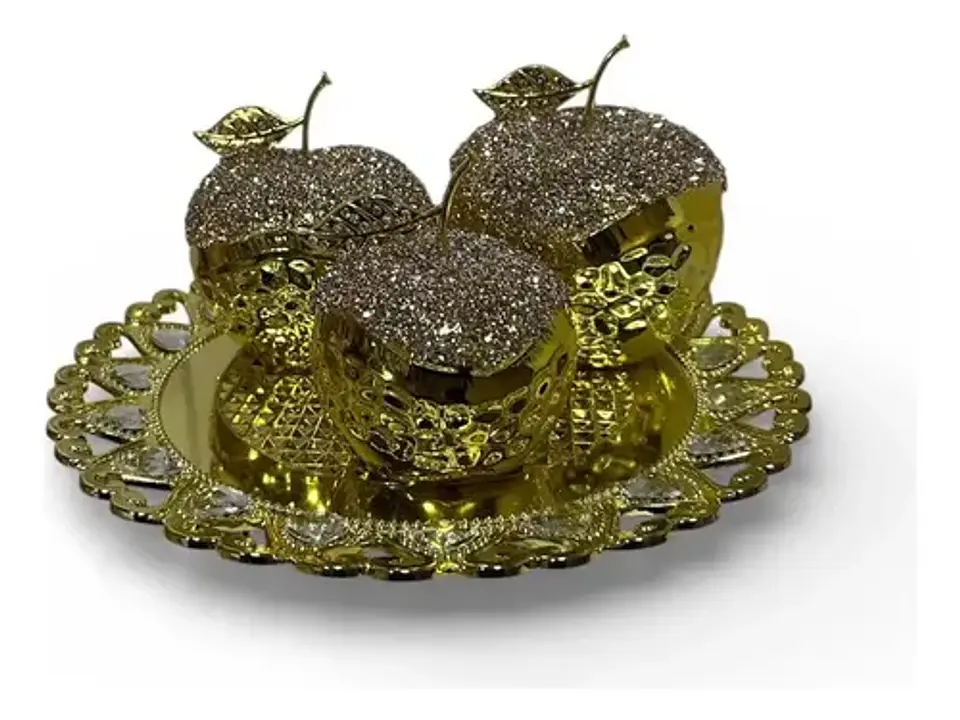 Set Decorativo De Manzanas Doradas Con Bandeja 5