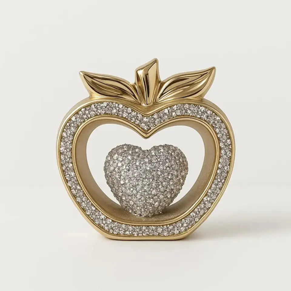 Adorno Decorativo Manzana Dorado Con Corazón Brillante 5