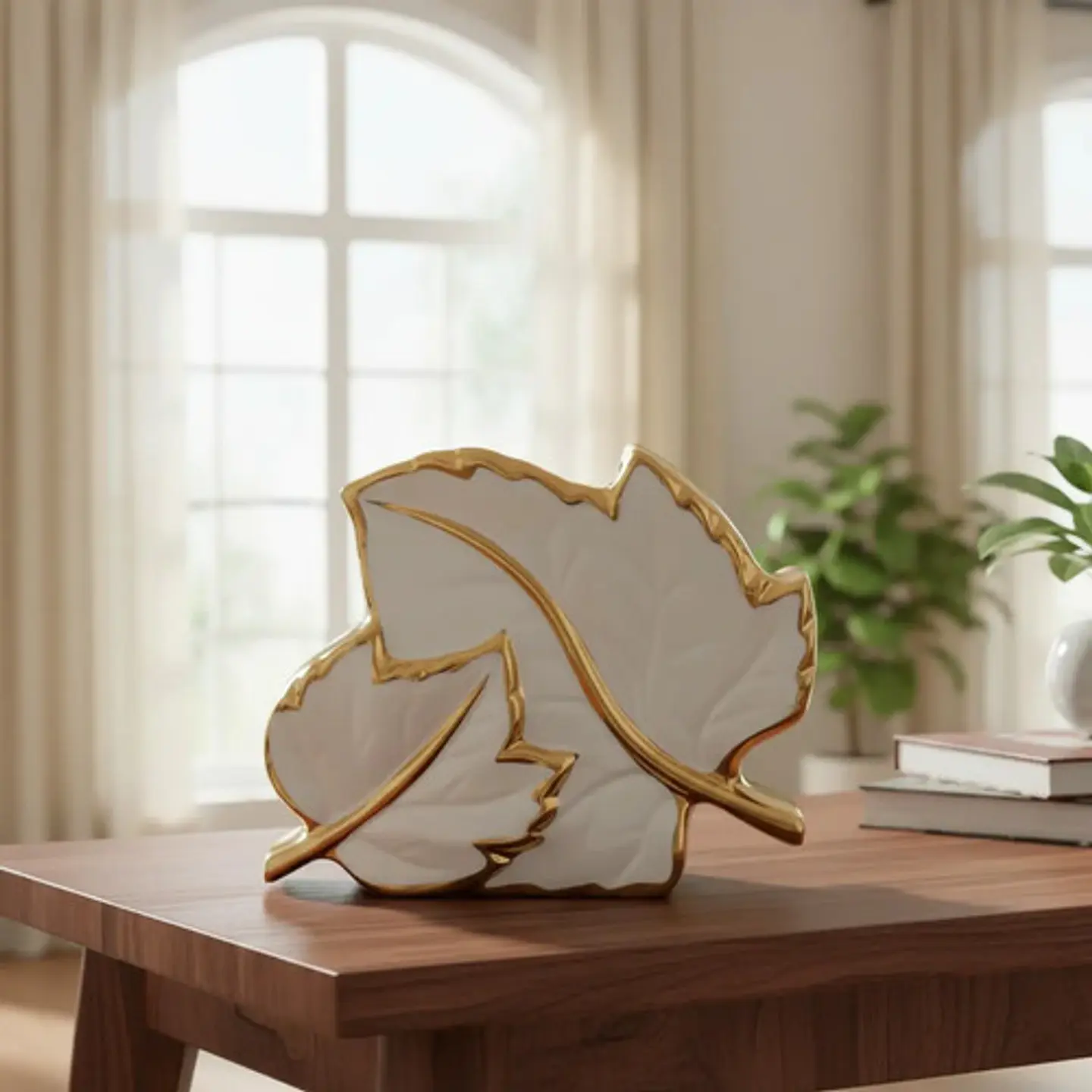 Jarrón Decorativo De Hojas Blanco Y Dorado Para Flores 2