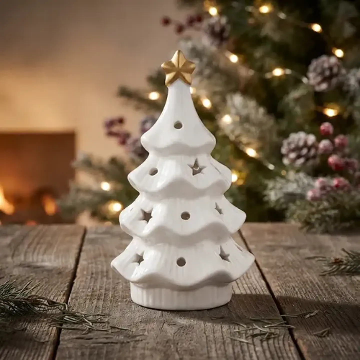 Árbol De Navidad Cerámico Blanco Con Luz Led 1